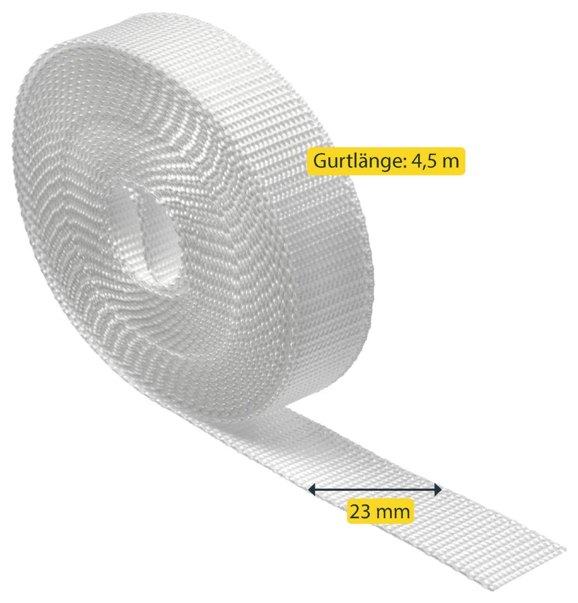 Een rol wit verpakkingstape met labels die '4,5 m bandlengte' en '23 mm' breedte aangeven.