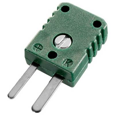 Een groene thermokoppelstekker met twee pennen en een centrale schroef wordt getoond; deze bevat plus- en minsymbolen bij de pennen.