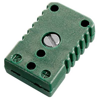 'Een groene rechthoekige connector met een schroef in het midden en drie ronde openingen gemarkeerd met plus- en minussymbolen.'