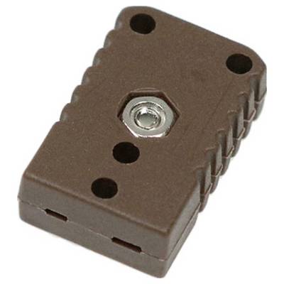 Een bruine rechthoekige thermokoppelstekker met een metalen connector in het midden en drie cirkelvormige gaten op het oppervlak.