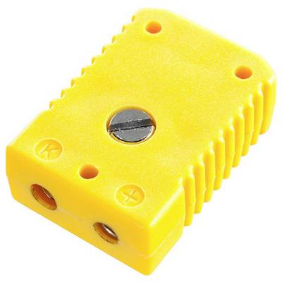 Een gele thermokoppelconnector met een centraal metalen schroef en '+' en '-' symbolen die de polariteit aangeven.