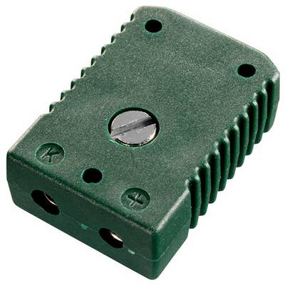 Een groene thermokoppelsteker met twee pennen gelabeld 'K' en '+', voorzien van een centrale schroef voor het beveiligen van verbindingen.