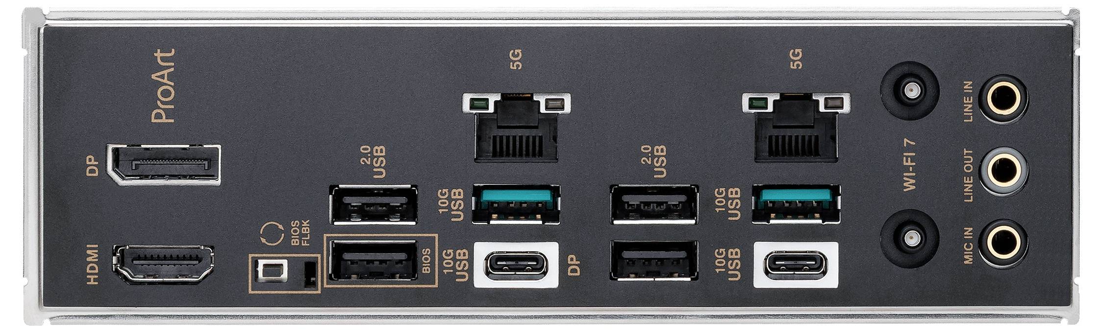 'ProArt-moederbord achterpaneel met HDMI, DP-poorten, meerdere USB-poorten, twee ethernetpoorten en audiojacks.'