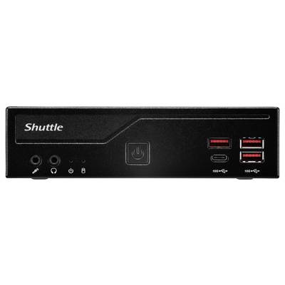Zwart Shuttle mini pc voorpaneel met aan/uit-knop, koptelefoon- en microfoonaansluitingen, USB- en USB-C-poorten en rode statuslampjes.