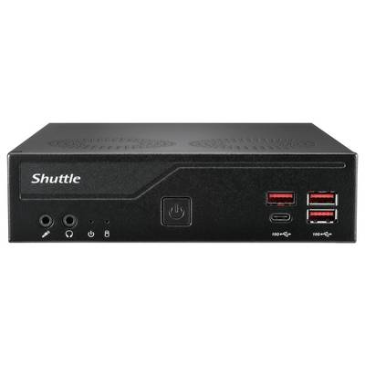 Zwarte Shuttle mini-pc voorkant met aan/uit-knop, koptelefoon- en microfoonaansluitingen, USB-C-poort en drie USB-poorten.