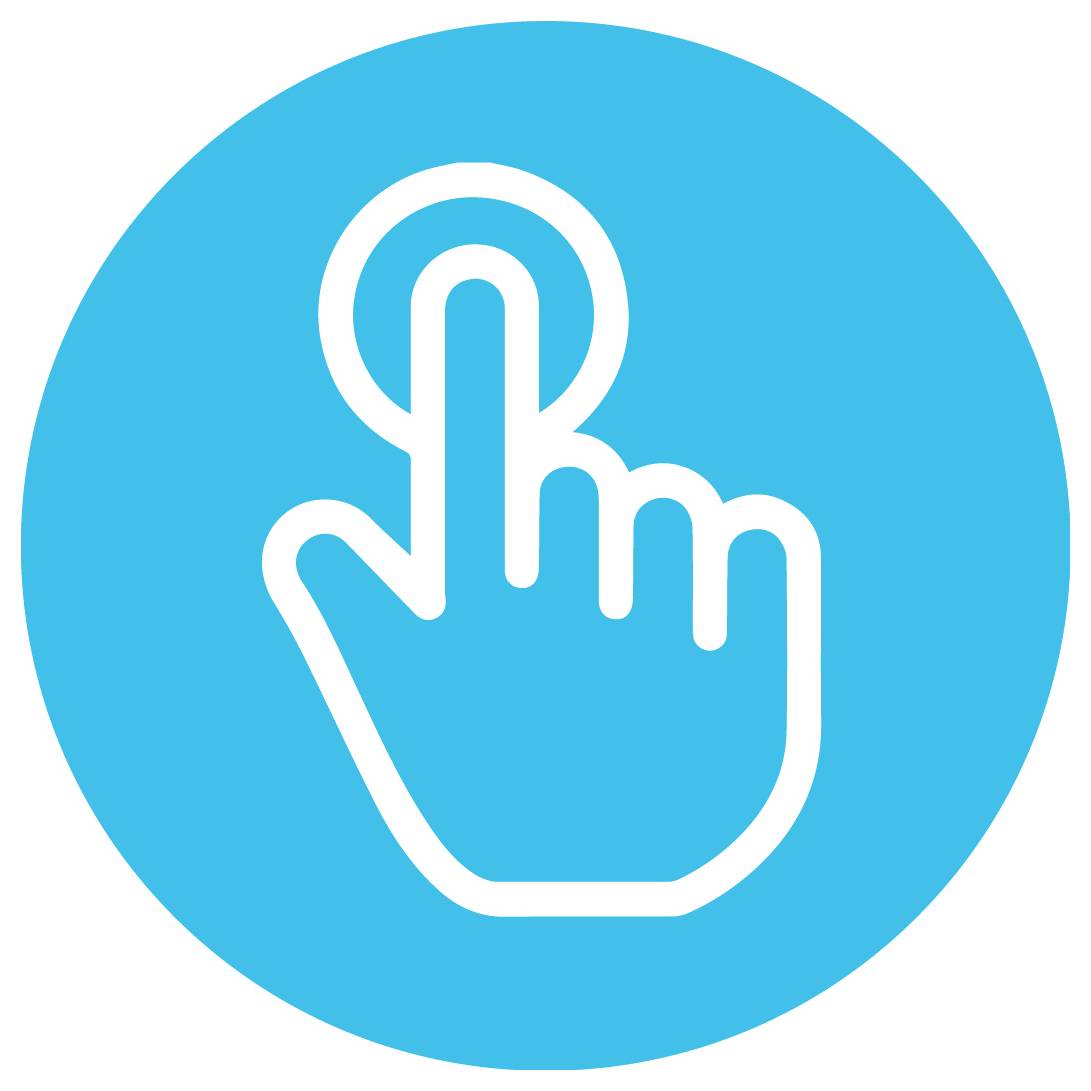 Pictogram van een hand met uitgestrekte wijsvinger die op een knop drukt, symboliserend de actie van klikken of selecteren, op een blauwe cirkelvormige achtergrond.