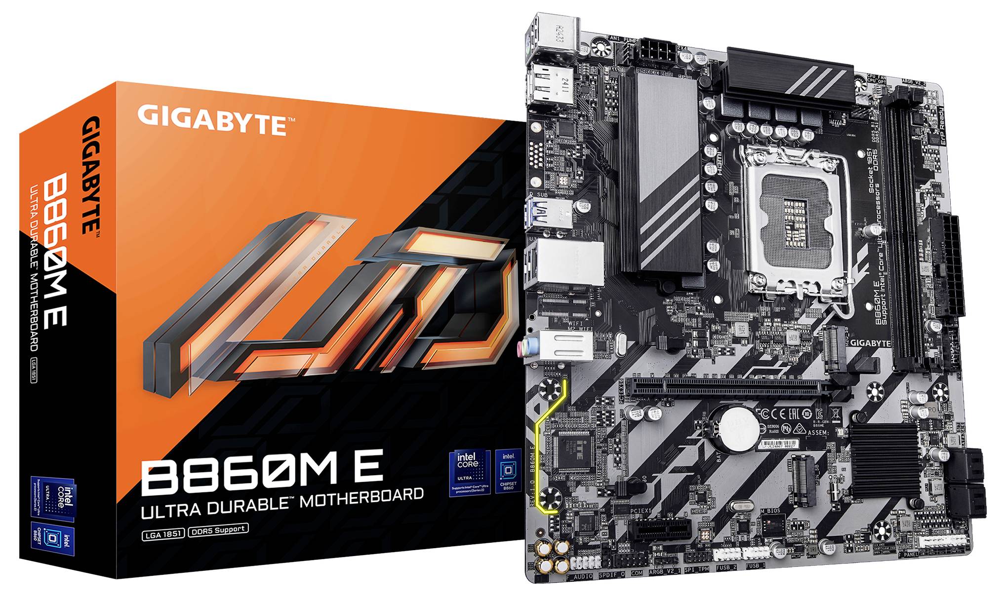 Een Gigabyte B660M E moederbord wordt weergegeven naast zijn verpakking, wat het compacte formaat en de functies geschikt voor computerdoeleinden benadrukt.