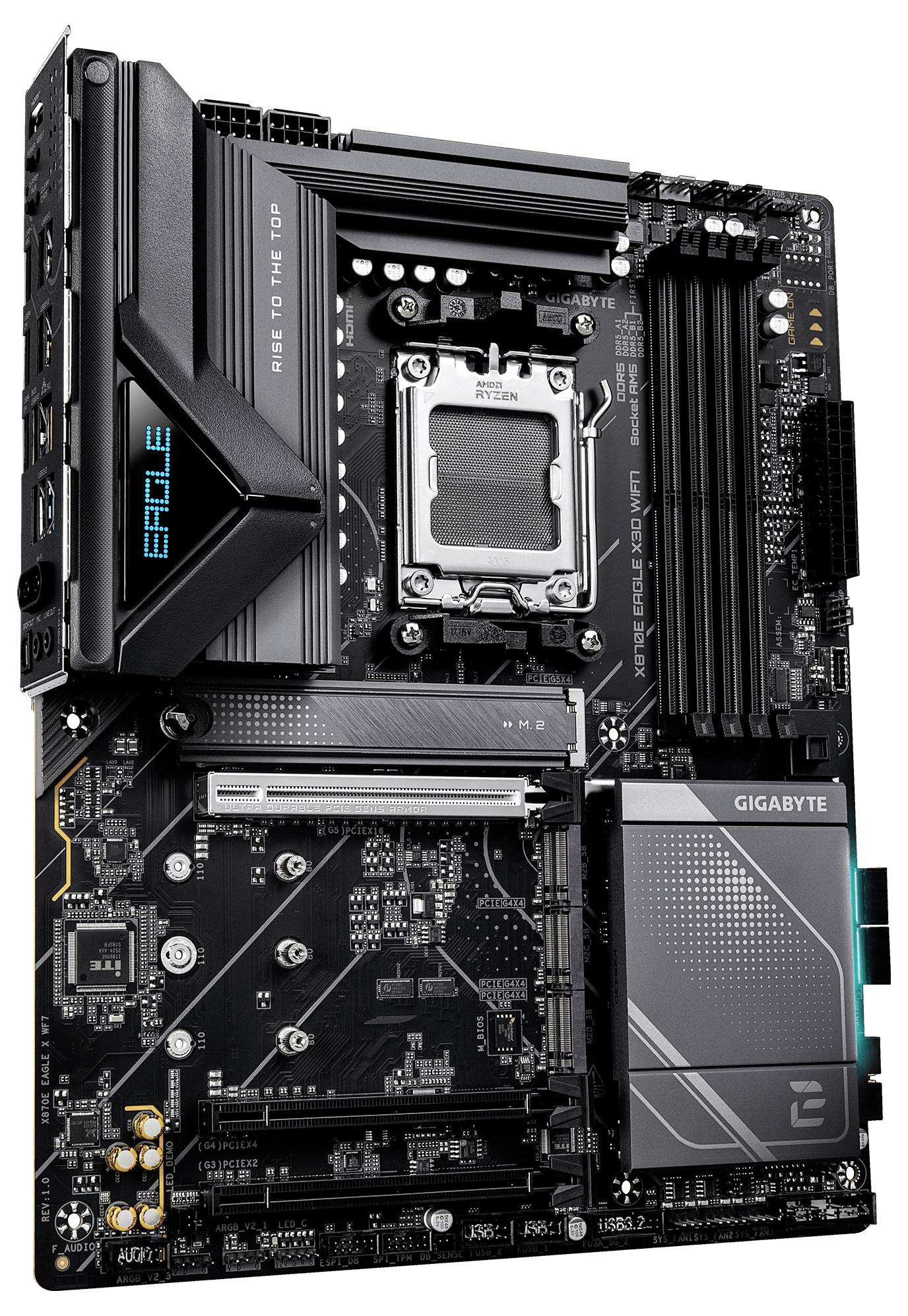 Computermoederbord met verschillende componenten, waaronder RAM-sleuven, CPU-socket, koellichaam en aansluitingen met het label 'Eagle' en 'Gigabyte'.