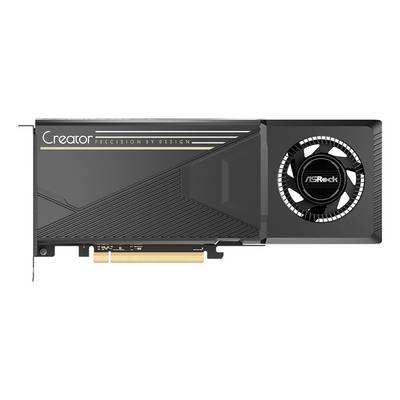 'Een zwarte ASRock-grafische kaart met een grote koelventilator, gelabeld Creator, ontworpen voor precisie by design, met een PCIe-aansluiting.'