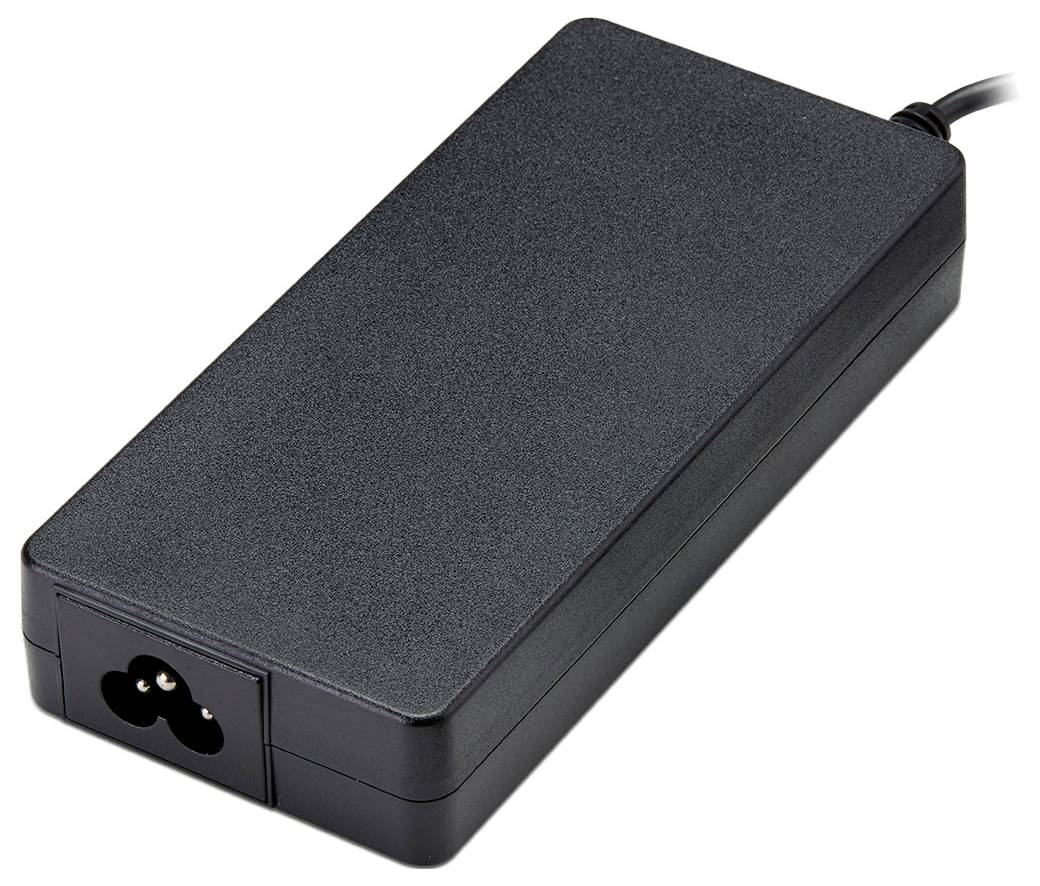 Een rechthoekige zwarte stroomadapter met een driepolige aansluiting voor elektriciteit, meestal gebruikt voor elektronische apparaten.