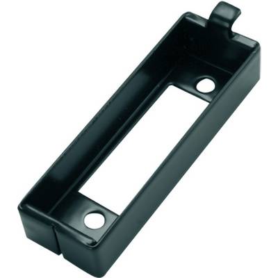 Zwart rechthoekig metalen bevestigingsbeugel met twee schroefen en een open centrum op een witte achtergrond.