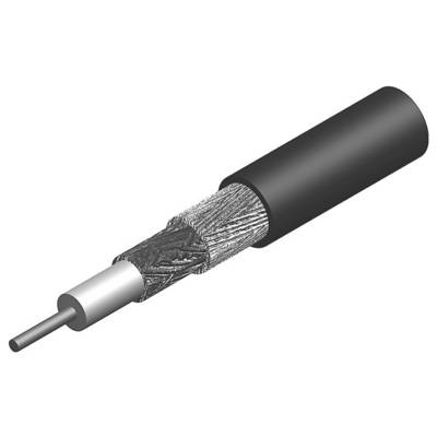 Doorsnede-illustratie van een coaxiale kabel met de centrale geleider, isolatielaag, gevlochten afscherming en buitenmantel.
