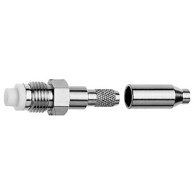 Metalen coaxiale kabelconnector met aparte crimpkous ernaast op een witte achtergrond.