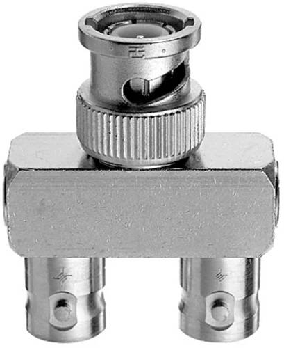 Metalen coaxiale kabelspitteradapter met één bovenste connector en twee onderste connectors op een rechthoekig blok.