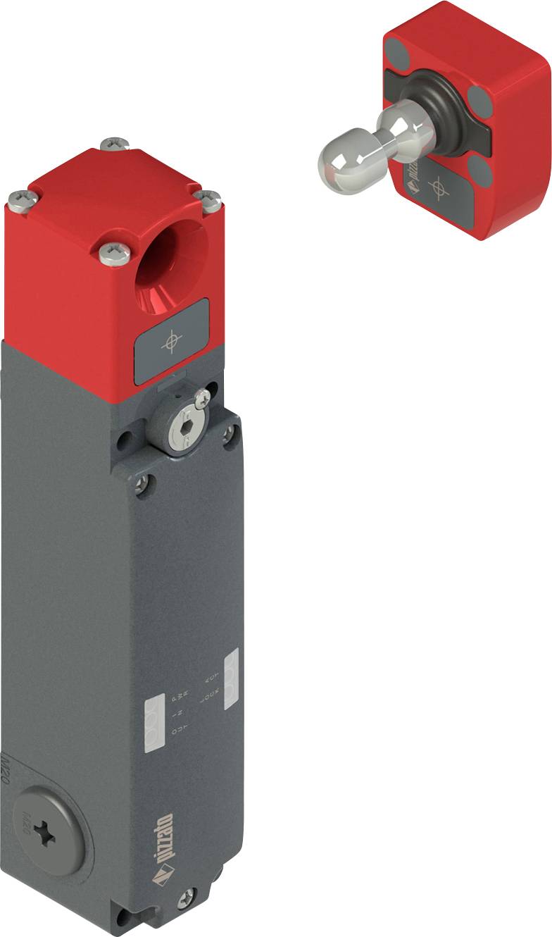 Rechthoekige mechanische schakelaar met rood bovengedeelte en grijs lichaam samen met een kleine grijze cilindrische actuator, gebruikt in industriële toepassingen.