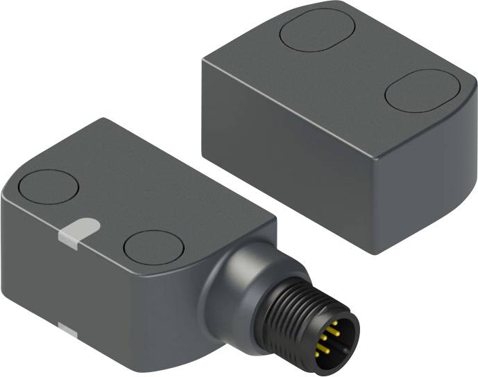 Twee compacte, rechthoekige elektronische sensoren in donkergrijs met afgeronde hoeken, waarvan één met een aangesloten kabelpoort.