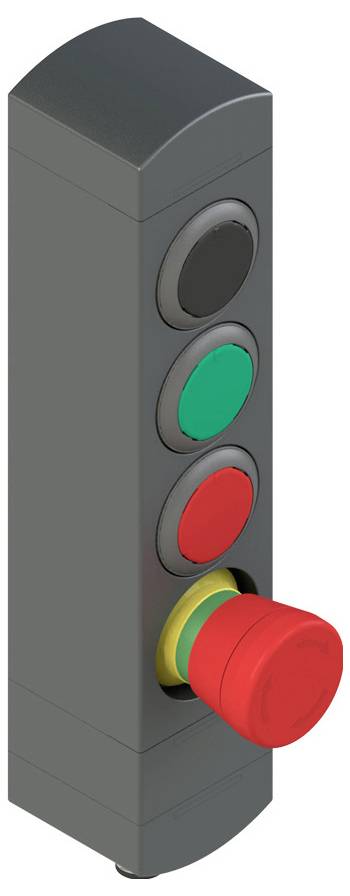 Een verticaal paneel met vier knoppen: grijs bovenaan, groen, rood, en een grote gele basis rode noodstopknop onderaan.