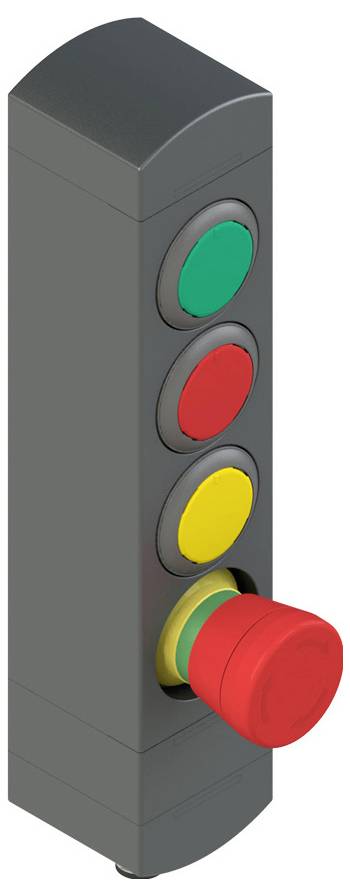 Verticaal bedieningspaneel met vier knoppen in een rij: bovenste groen, tweede rood, derde geel, en grote onderste rode knop voor noodstop.