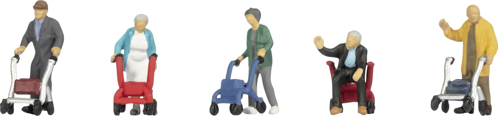 Vijf miniatuurfiguren van ouderen met rollators of rolstoelen, elk zwaaiend of staand.