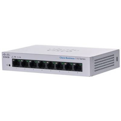 Een Cisco Business 110 Series netwerkswitch met acht poorten, voorzien van LED-indicatoren boven elke poort en ventilatieopeningen aan de zijkant voor koeling.