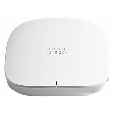 Een wit Cisco-draadloos toegangspunt met een strak, afgerond ontwerp en het Cisco-logo op de bovenkant.