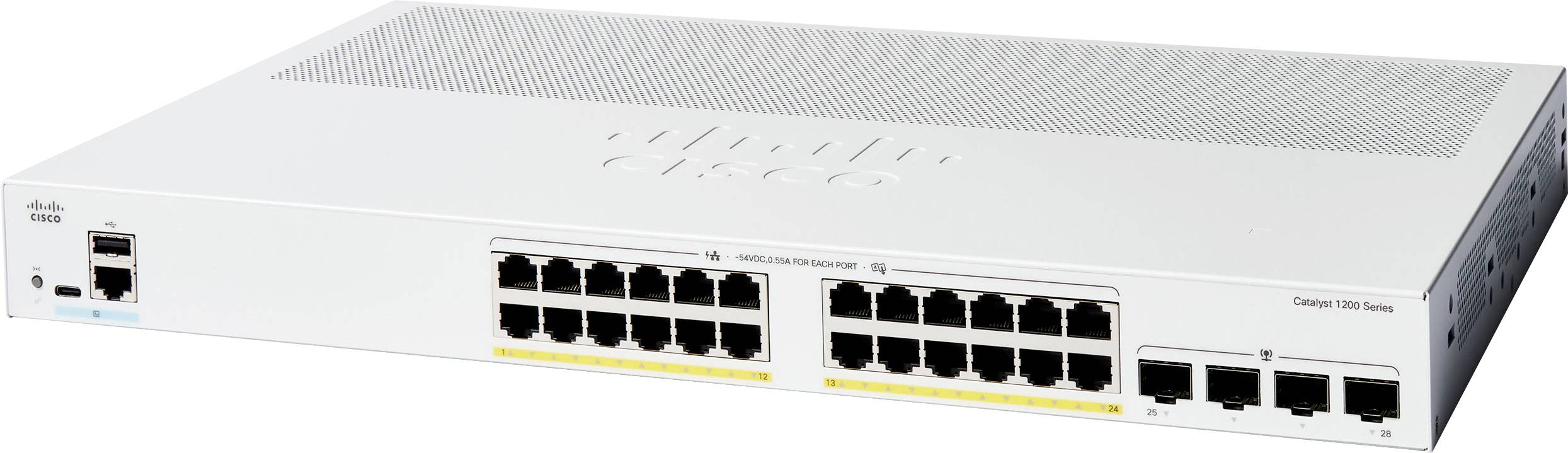 Een netwerkschakelaar met meerdere Ethernet-poorten, gelabeld 'Cisco', onderdeel van de Catalyst 3850-serie.