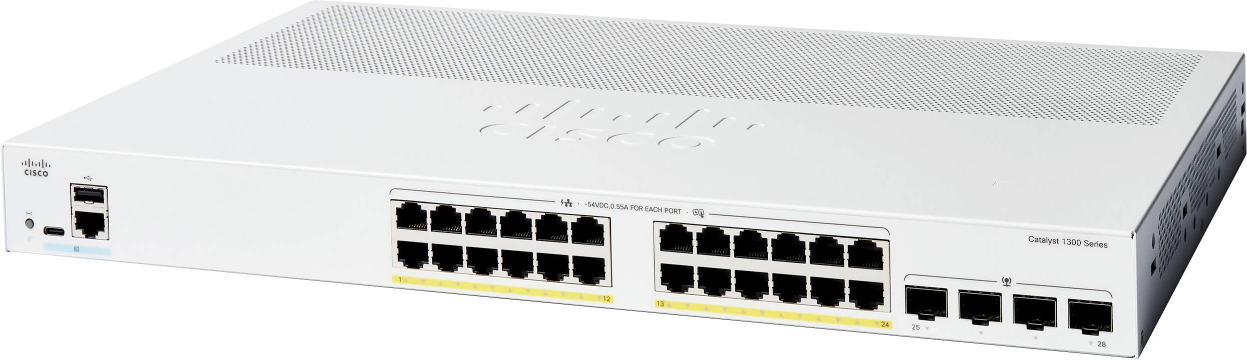 Een Cisco Catalyst 1000-serie switch met meerdere Ethernet-poorten, die zijn connectiviteitsopties en compacte ontwerp laat zien.