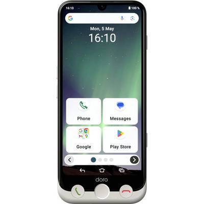 Smartphonescherm met datum 'ma, 5 mei', tijd '16:10' en grote pictogrammen voor 'Telefoon', 'Berichten', 'Google' en 'Play Store'.