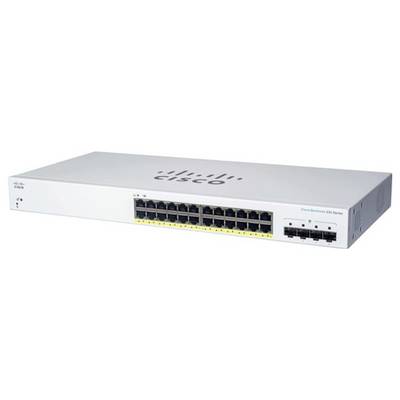 Een witte Cisco-netwerkschakelaar met 24 Ethernet-poorten en 4 SFP-poorten, gelabeld 'Cisco' bovenaan, die doorgaans wordt gebruikt voor netwerkconnectiviteit.