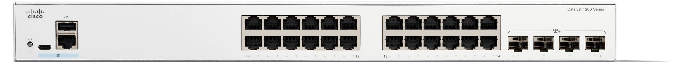 Netwerkswitch met meerdere Ethernet-poorten en glasvezelverbindingen, ontworpen voor snelle gegevensbeheer in bedrijfsomgevingen.
