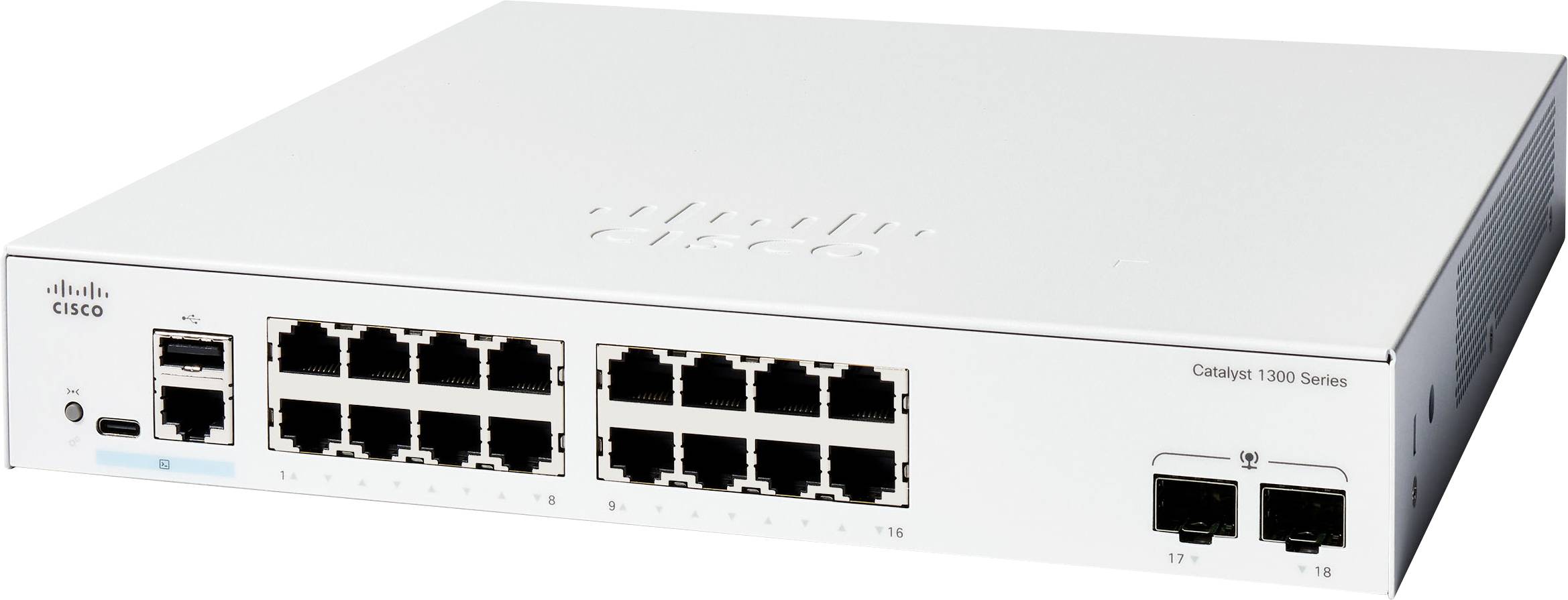 Een Cisco Catalyst 1000 Series netwerkswitch met meerdere Ethernet-poorten, ontworpen voor zakelijke netwerkconnectiviteit en beheer.