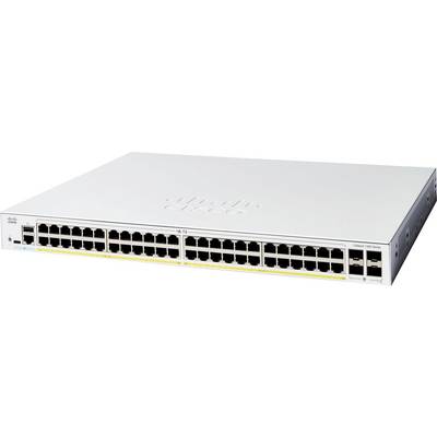 Een netwerkswitch met 48 Ethernet-poorten en vier uplink-poorten, gebruikt voor het verbinden van apparaten in lokale netwerken (LAN's).