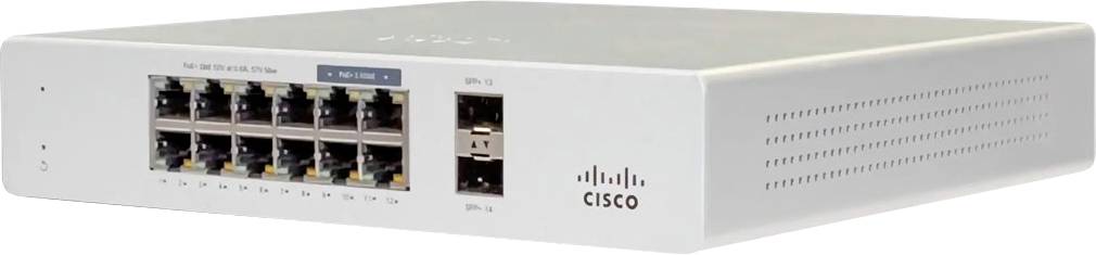 Een wit rechthoekig netwerkswitch met tien ethernetpoorten en twee grotere poorten, met het label 'Cisco' aan de zijkant.