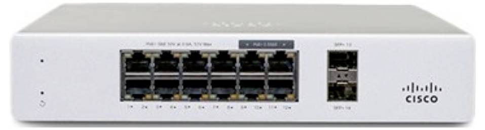 Een Cisco-netwerkswitch met 12 koperen Ethernet-poorten en twee SFP-uplinkpoorten aan het frontpaneel, ontworpen voor het verbinden van apparaten in een netwerk.