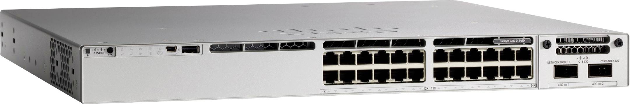 Een netwerkswitch met meerdere Ethernet-poorten en twee grotere poorten aan de rechterkant, gebruikt voor het routeren van gegevens in een computernetwerkopstelling.