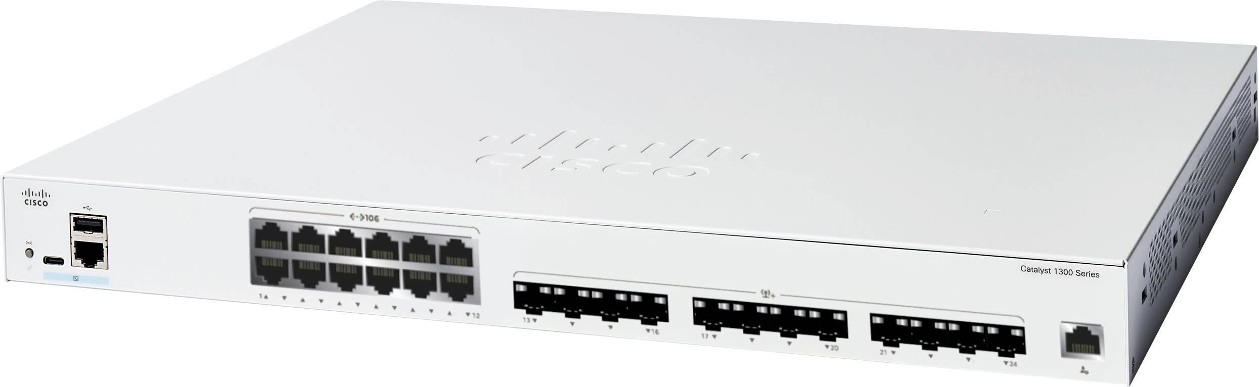 Een netwerkschakelaar met meerdere Ethernet-poorten, inclusief SFP-sleuven, op het voorpaneel. Het apparaat is wit en rechthoekig.