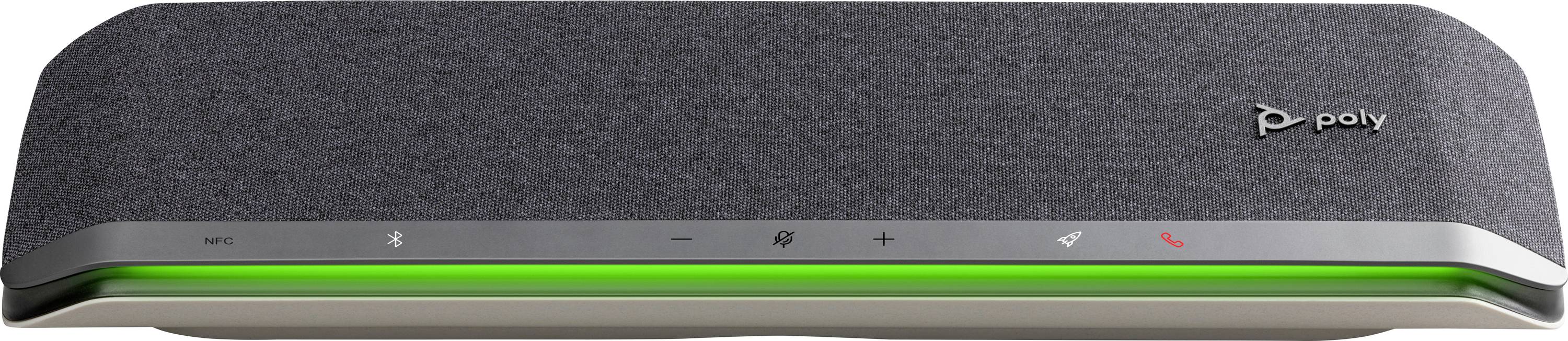 Een zwarte speakerphone met een groene LED-indicator en bedieningsknoppen bovenop; geëtiketteerd 'poly'.