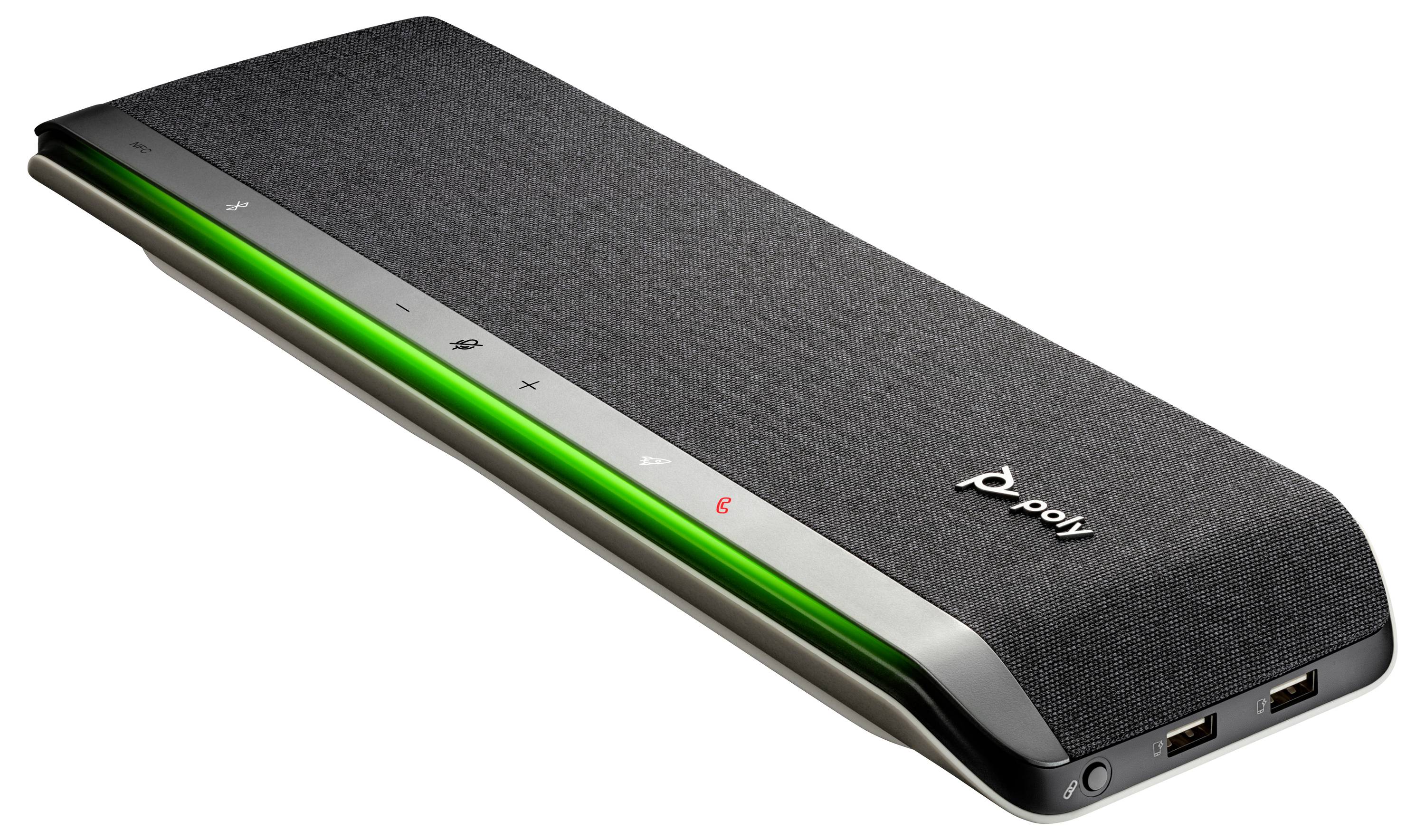 Een rechthoekige zwarte speakerphone met aanraakbediening bovenop voor volume, microfoons en belfuncties, merklogo en USB-poorten aan de zijkant.