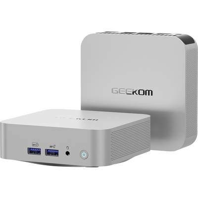 Twee zilveren GEEKOM mini-pc's weergegeven onder een hoek, één vooraan met USB-poorten, audiojack en aan-uitknop; één erachter staand.