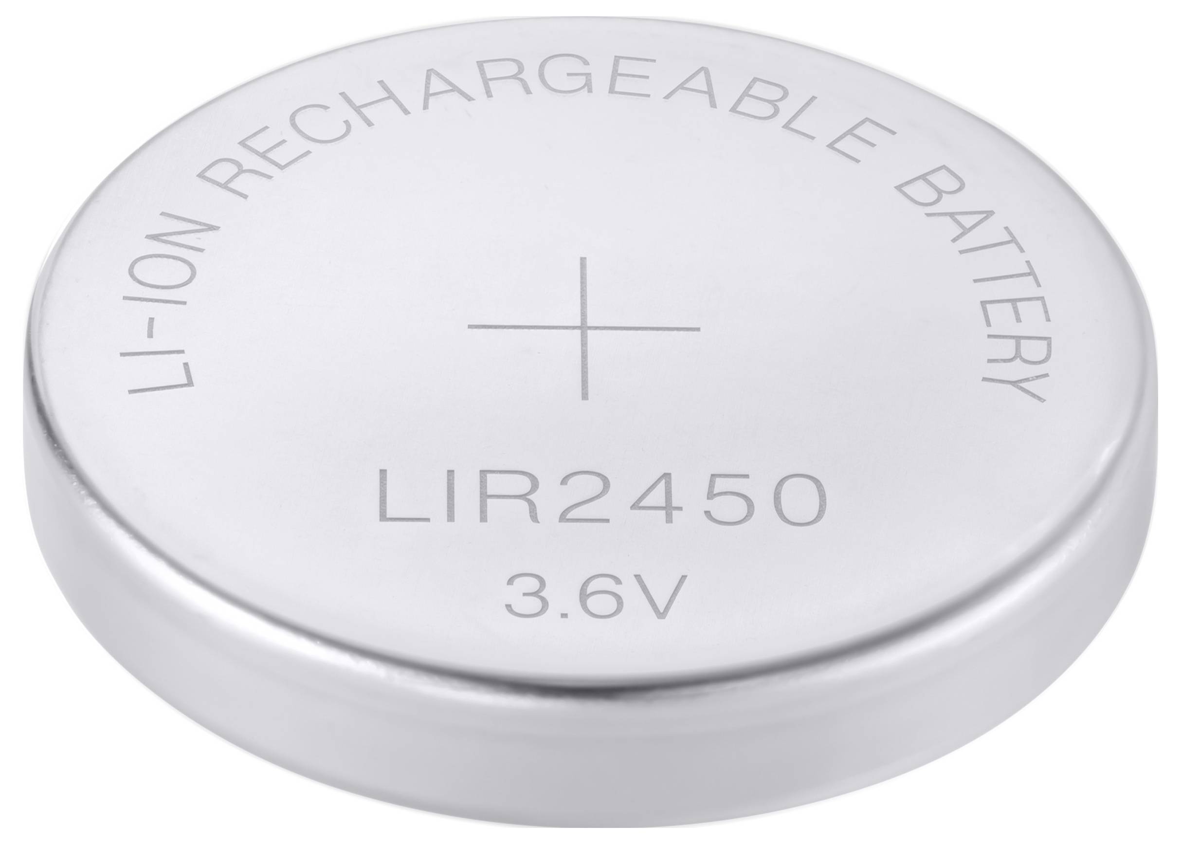 Zilveren lithium-ion oplaadbare knoopbatterij met label 'LIR2450 3.6V' met de positieve pool gemarkeerd door een plusteken.