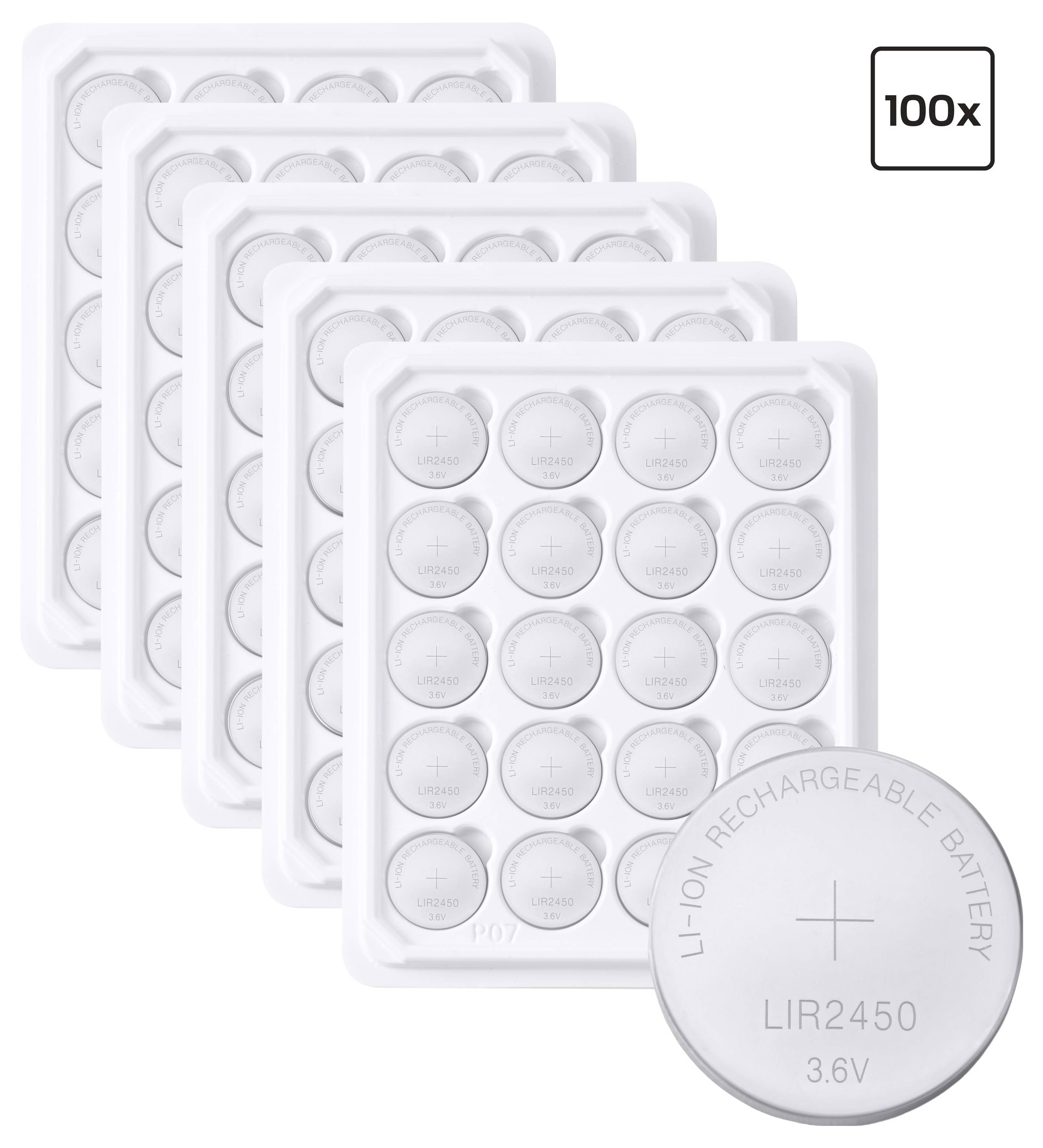 Stapel van vijf witte 24-cel lithium-ionbatterijpakketten met een close-up van één 'LIR2450 3.6V' oplaadbare batterij; '100x' label in de hoek.