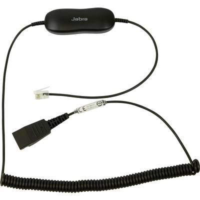 Een Jabra telefoonaccessoire met opgerolde kabel en RJ-9-connectoren voor telefooonheadsetverbinding.