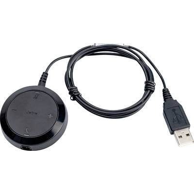 Een ronde, zwarte bedieningseenheid met volumeknoppen en belbesturingssymbolen is verbonden met een USB-kabel en wordt gebruikt voor het beheren van Bluetooth-audio.
