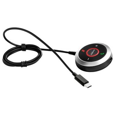 Een ronde luidspreker met bedieningsknoppen en een USB-C-kabel, gebruikt voor handen vrij bellen en audio in conferentie-instellingen.
