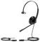 Single-ear headset met aangesloten microfoon en kabel; ontworpen voor kantoor- of callcentergebruik.