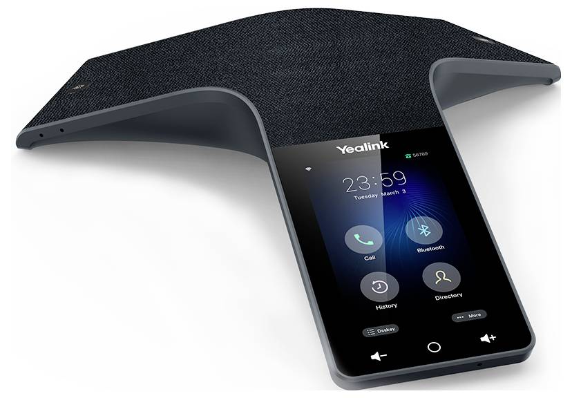 'Yealink conferentiefoon met touchscreen met opties: Bellen, Bluetooth, Geschiedenis, Directory. Apparaat ontworpen voor audioconferenties.'