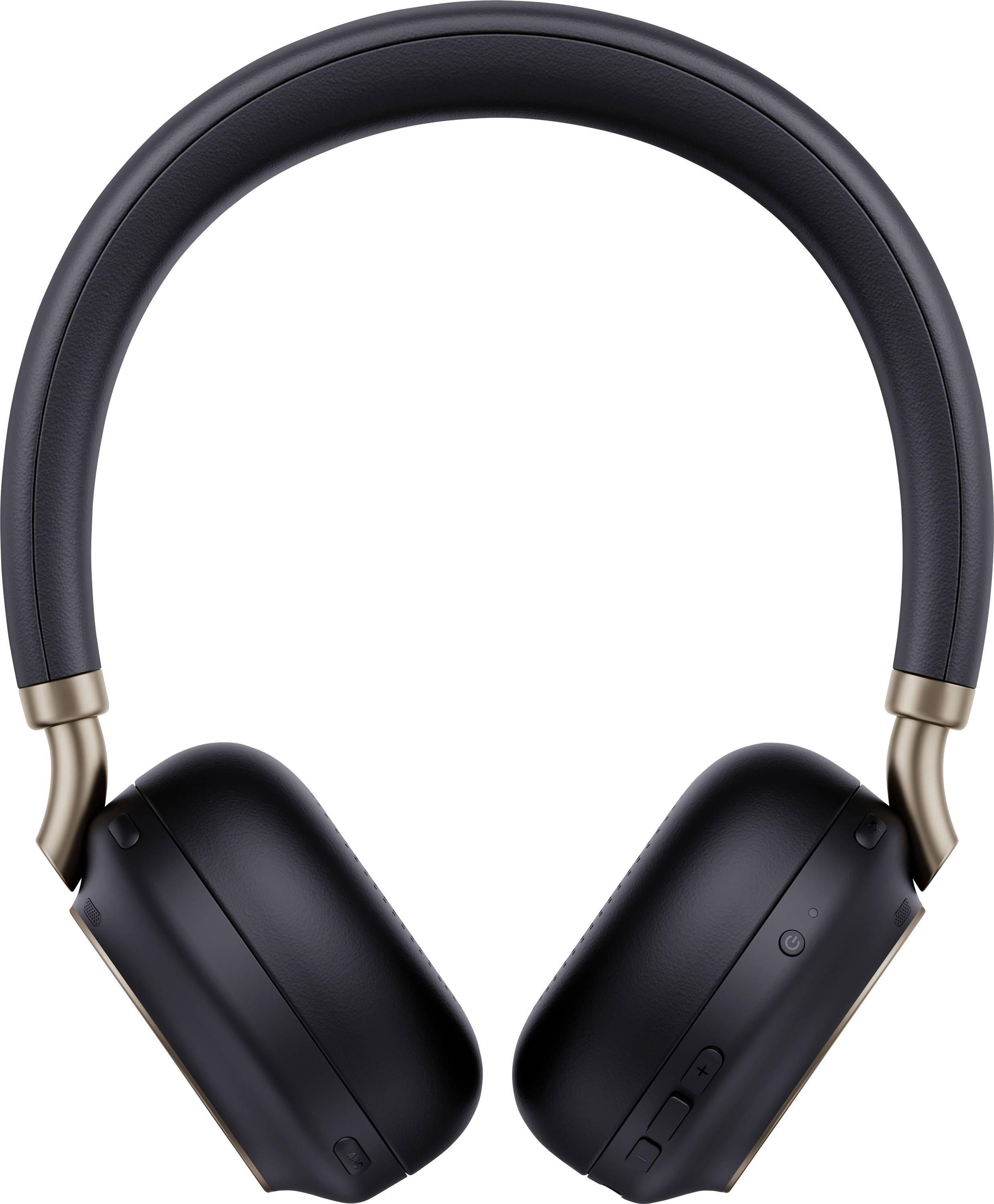 Zwarte over-ear koptelefoon met elegant design, met knoppen op de rechteroorkop.