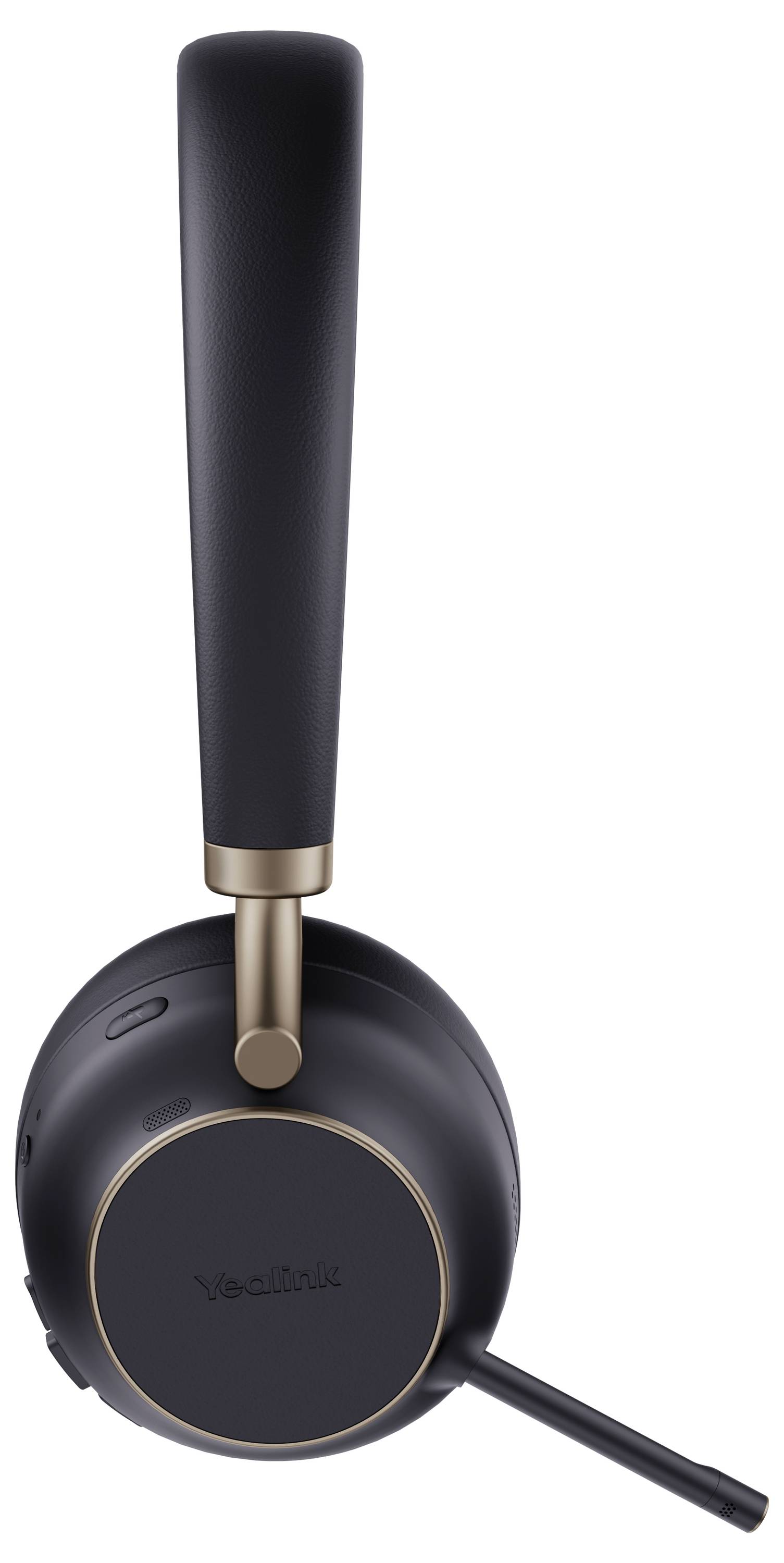 Zwarte headset met gouden accenten, met een gevoerde oorkop en een lange microfoonboom.