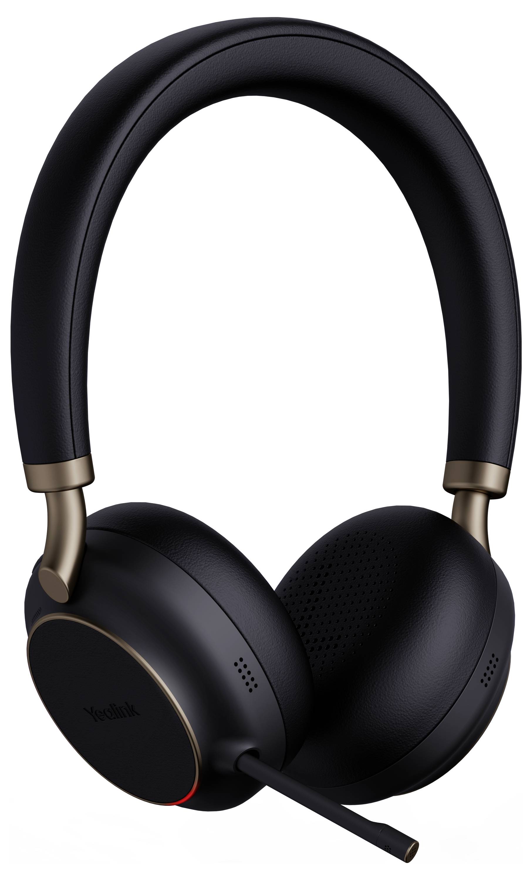 Zwarte over-ear koptelefoons met ingebouwde microfoon, voorzien van een strak design met subtiele gouden accenten aan de zijkanten.