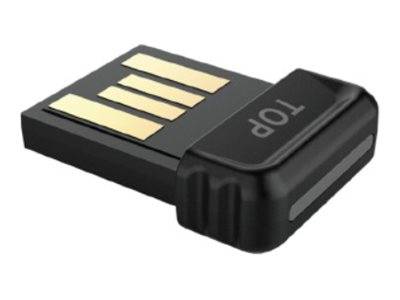 Een zwart USB-apparaat met gouden connectoren op één zijde gemarkeerd met 'TOP', gebruikt voor gegevensoverdracht en connectiviteit met elektronische apparaten.
